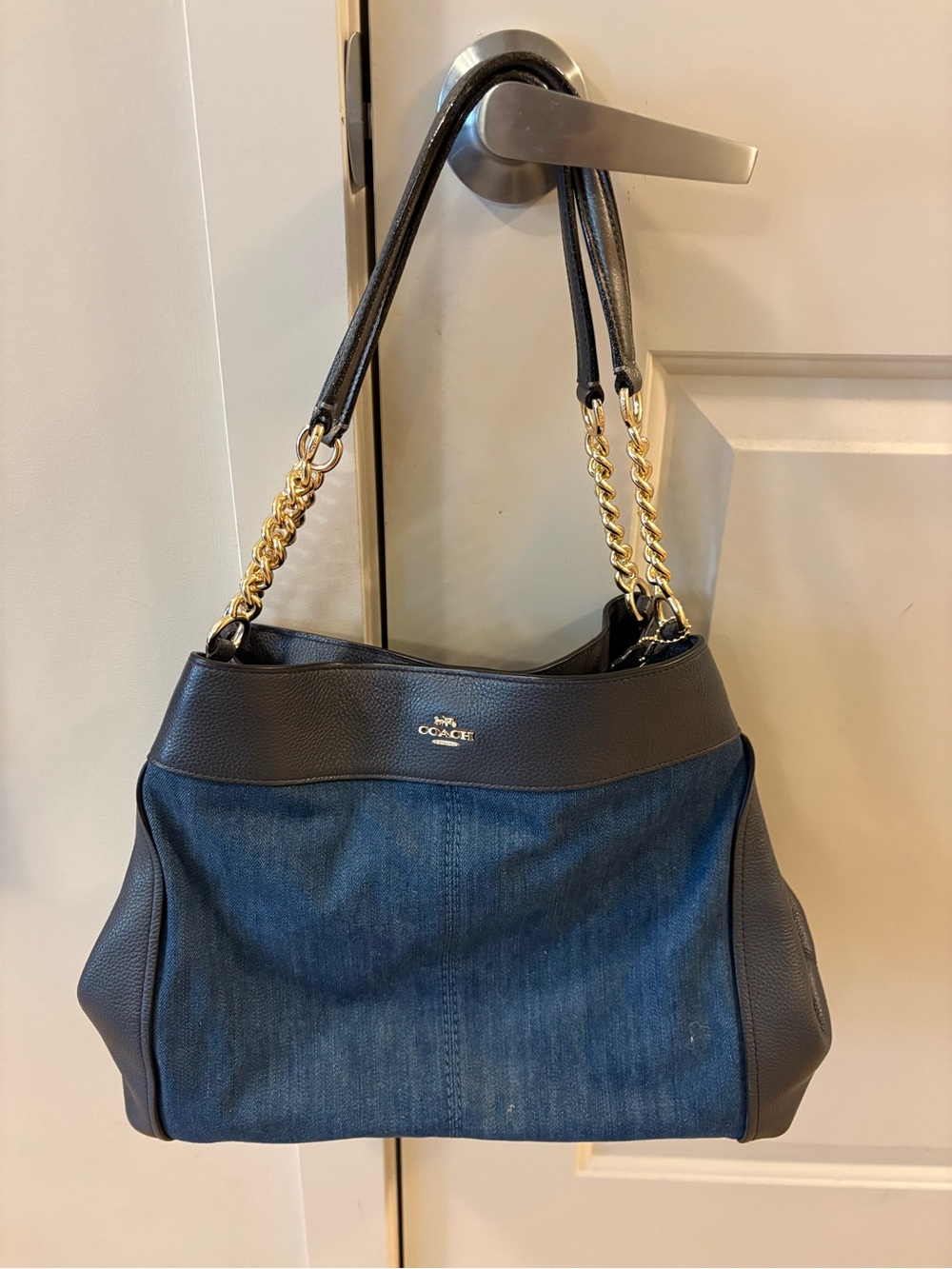 Coach Blue Denim & Black Leather Shoulder Bag with Gold Chain